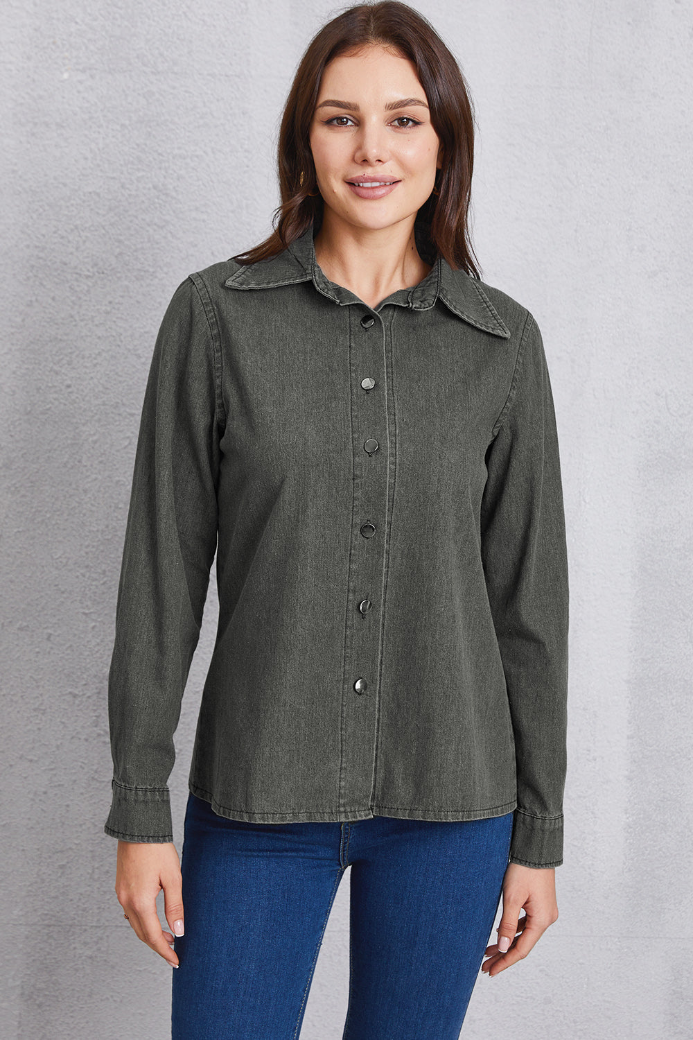 Collared Neck Button Up Denim Top Dark Gray