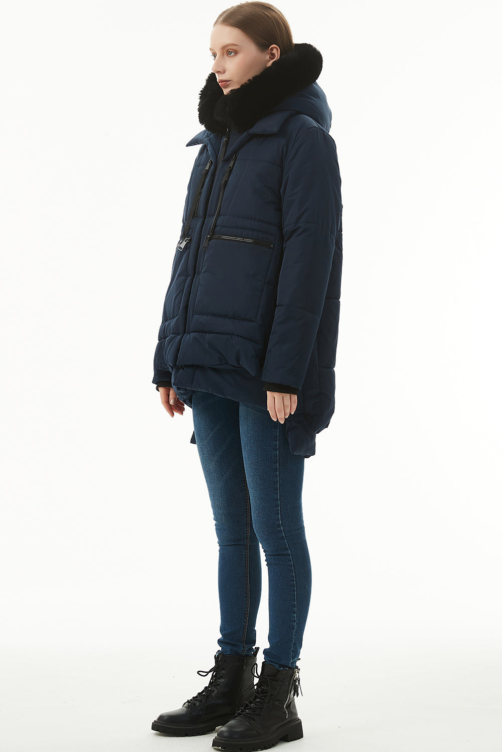 Navy Blue Plush Linen Zip Up Hooded Puffer Coat