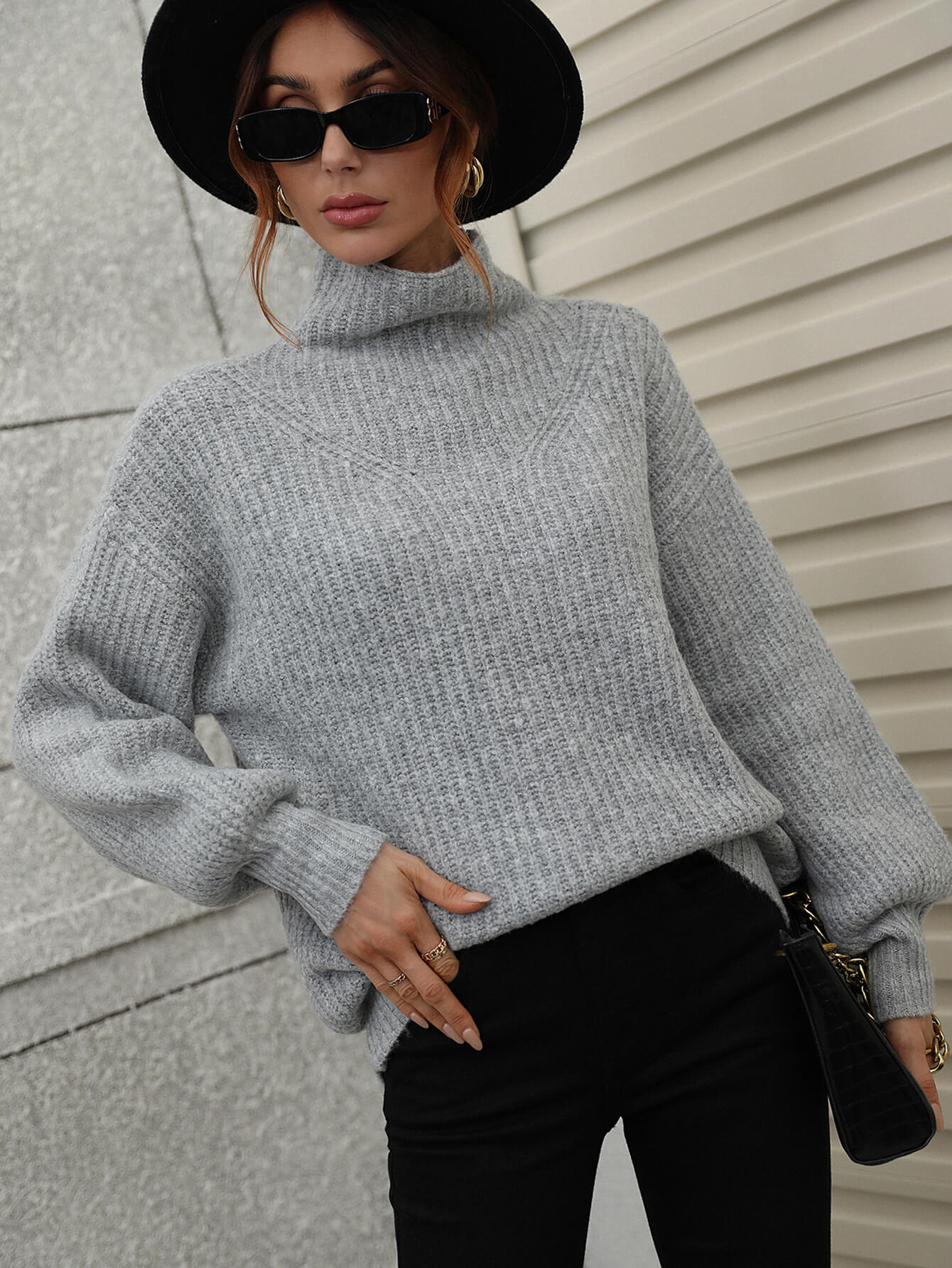 Woven Right High Neck Balloon Sleeve Rib-Knit Pullover Sweater