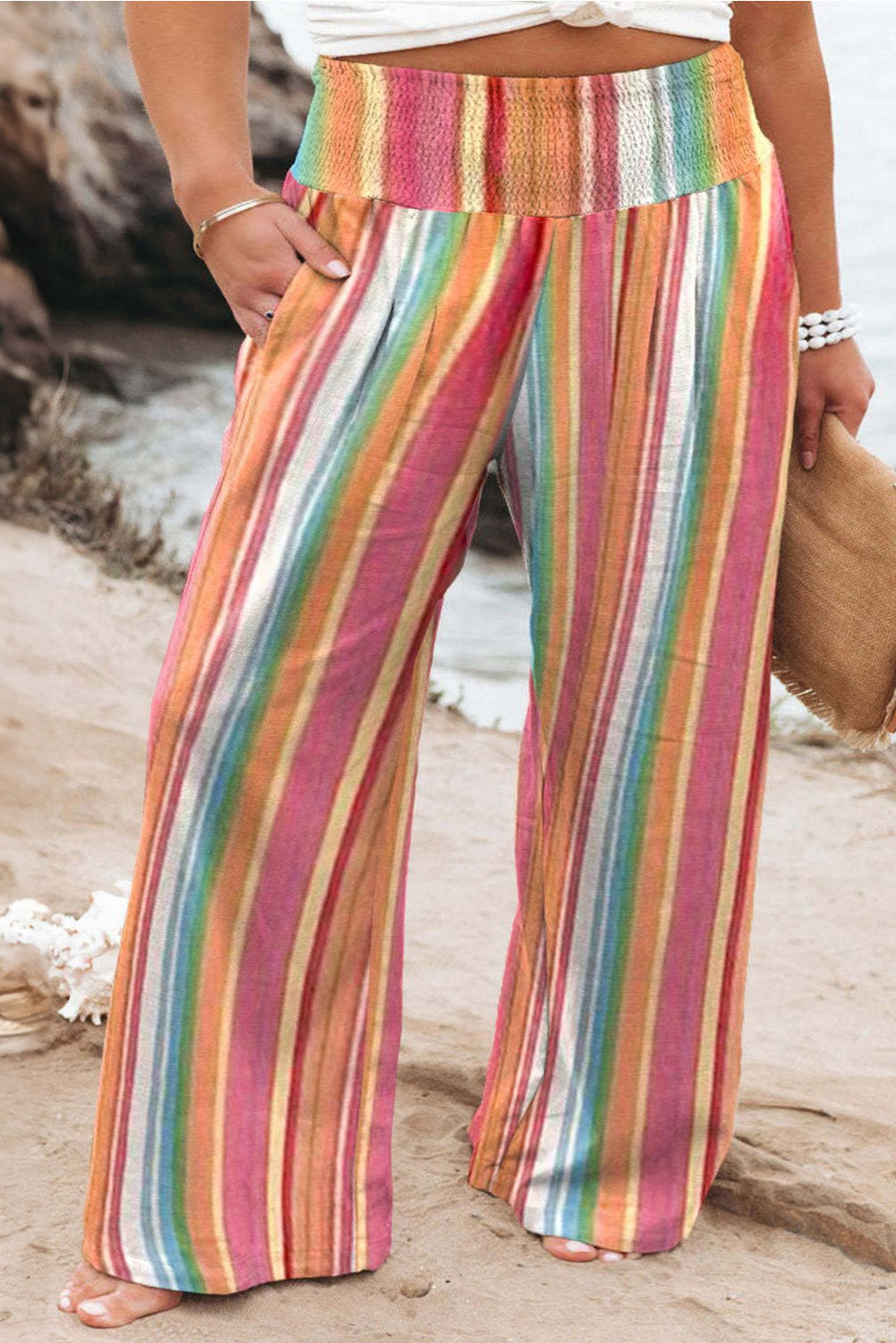 Plus Size Striped Wide Leg Pants Tangerine