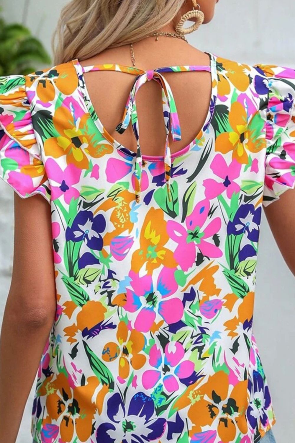 Floral Tie Back Flutter Sleeve Blouse