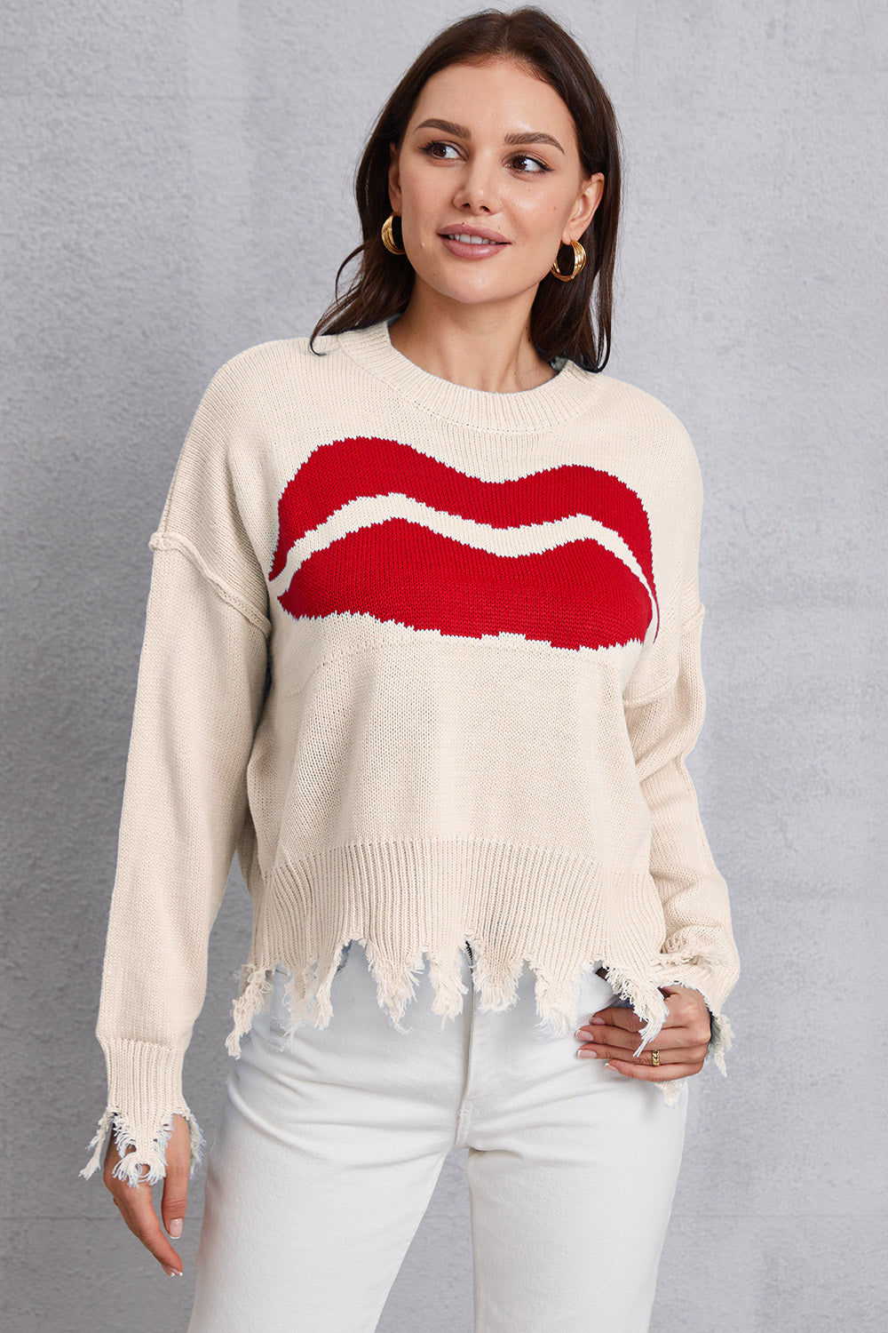 Lip Fringe Round Neck Sweater Light Yellow