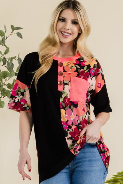 Celeste Full Size Floral Short Sleeve T-Shirt BLACK FLORAL