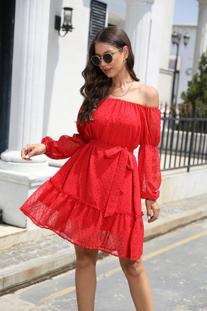 Swiss Dot Off-Shoulder Balloon Sleeve Dress