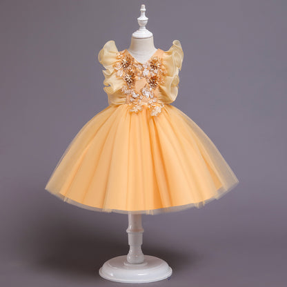 V-neck ruffled girl dress Yellow