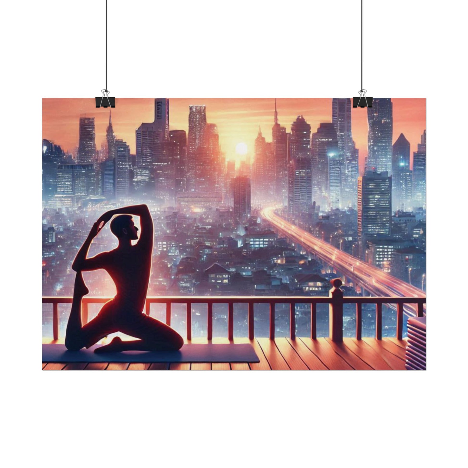 Yoga Poster, Cityscape Sunset Art, Rolled Wall Art, Pink Orange Skyline Decor, Urban Zen Meditation, Rooftop Exercise Print, Relaxation Gift