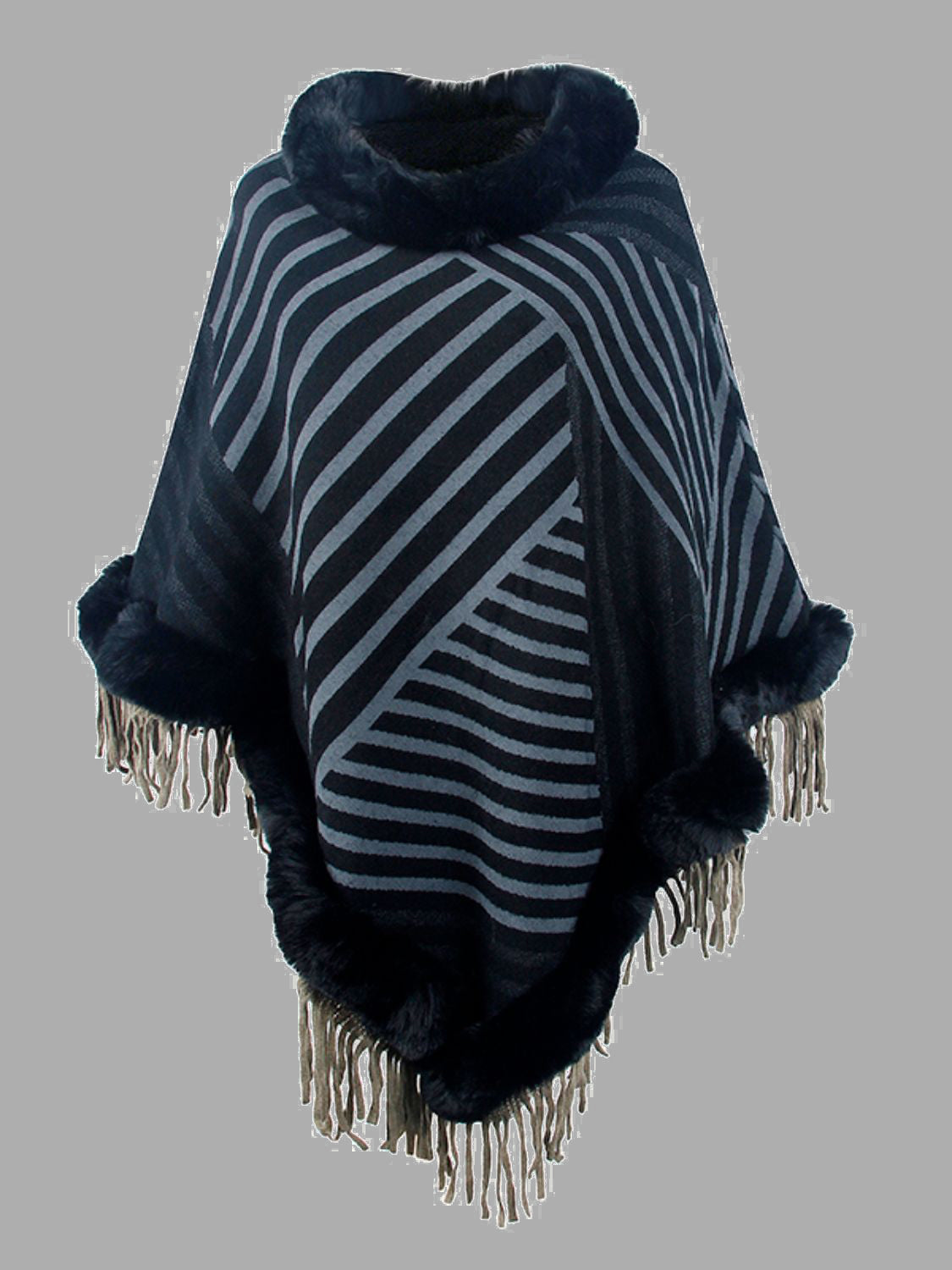 Striped Fringe Hem Poncho - Thandynie