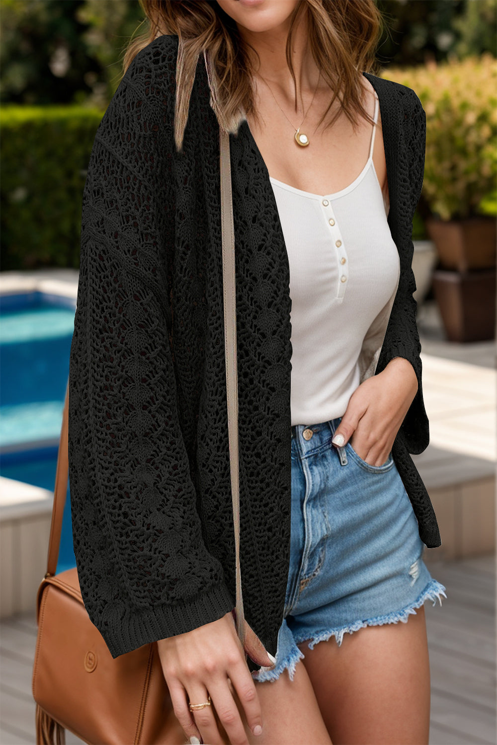 Openwork Open Front Dropped Shoulder Cardigan Black