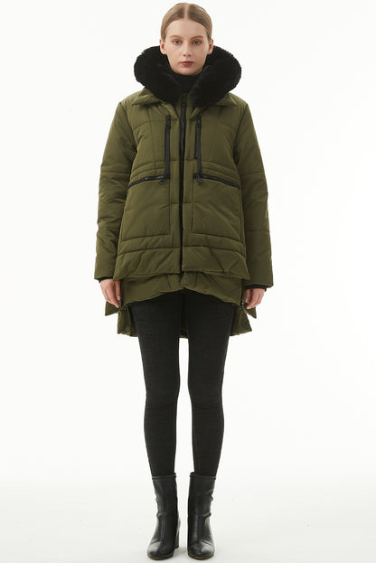 Jungle Green Plush Linen Zip Up Hooded Puffer Coat