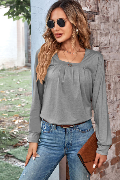 Ruched Square Neck Long Sleeve T-Shirt Gray