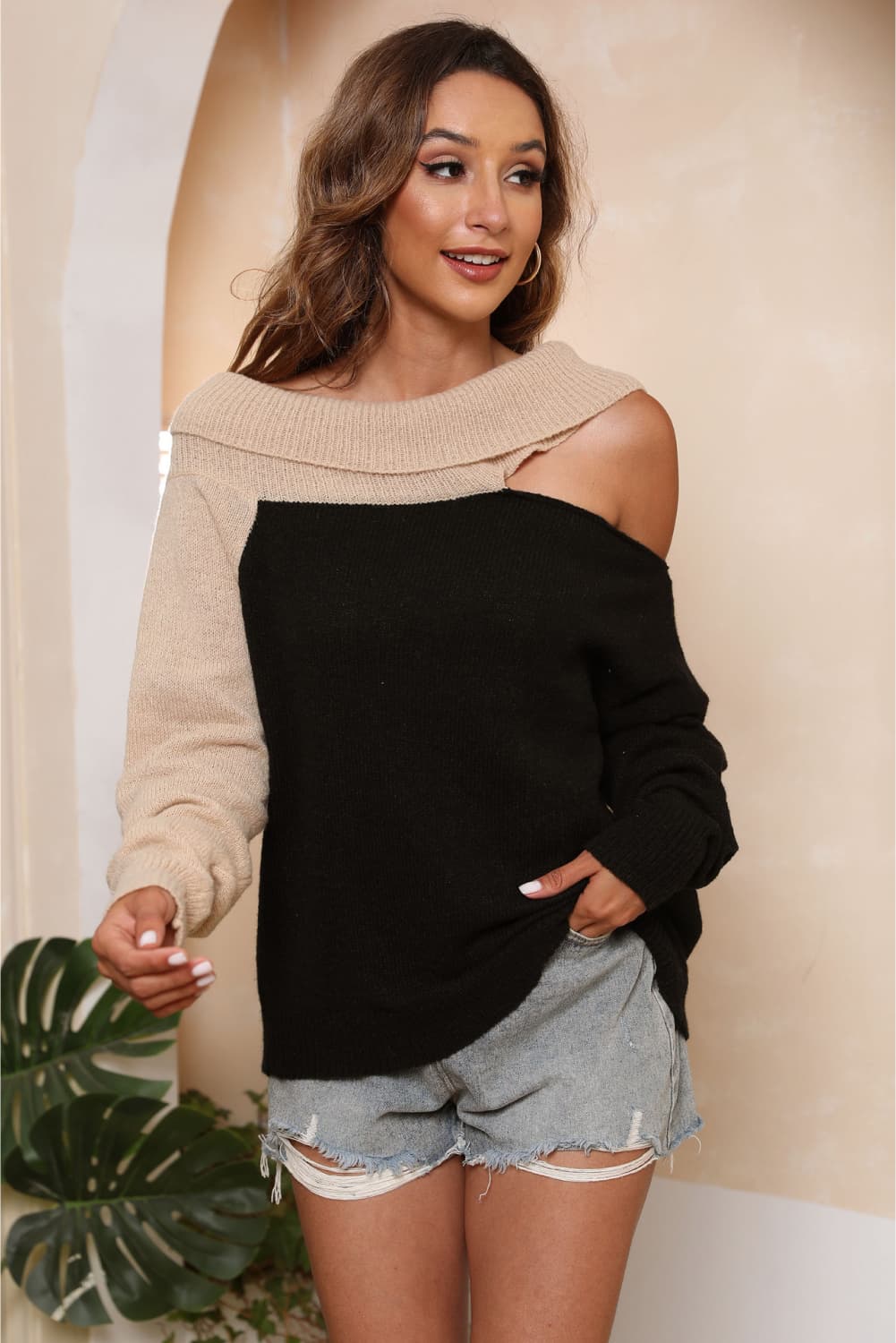 Asymmetrical Long Sleeve Two-Tone Cutout Sweater Black