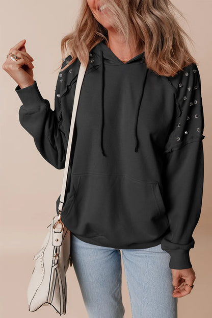 Rivet Drawstring Long Sleeve Hoodie Black