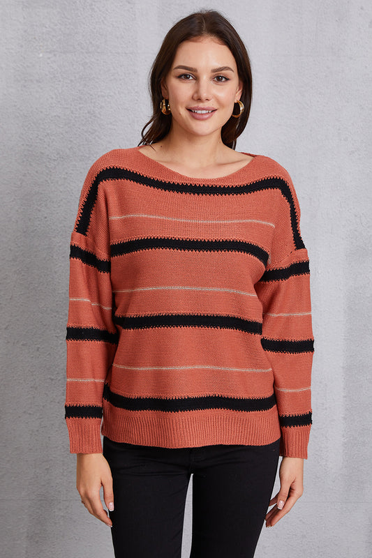 Striped Round Neck Dropped Shoulder Sweater Orange-Red