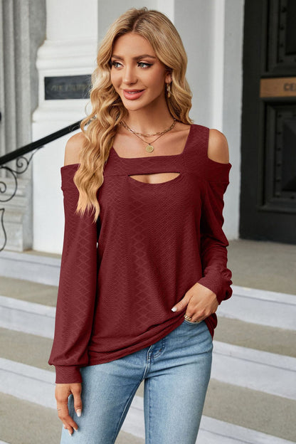 Cold Shoulder Square Neck Cutout Blouse Burgundy