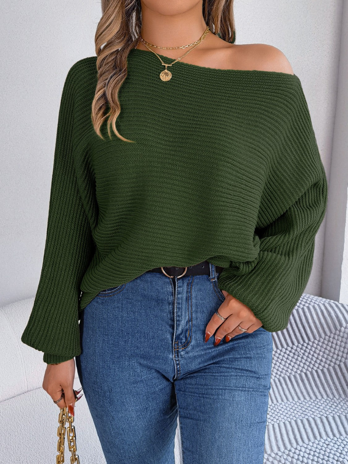 One-Shoulder Lantern Sleeve Sweater Army Green