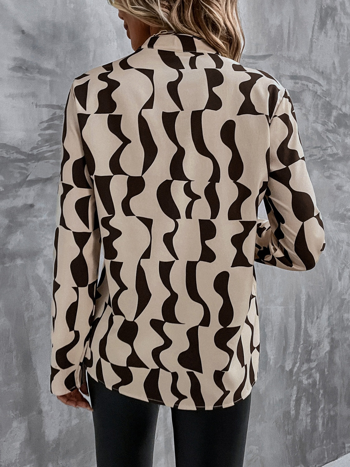 Printed Notched Long Sleeve Blouse - Thandynie