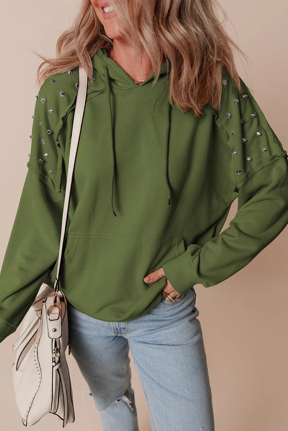 Rivet Drawstring Long Sleeve Hoodie Army Green