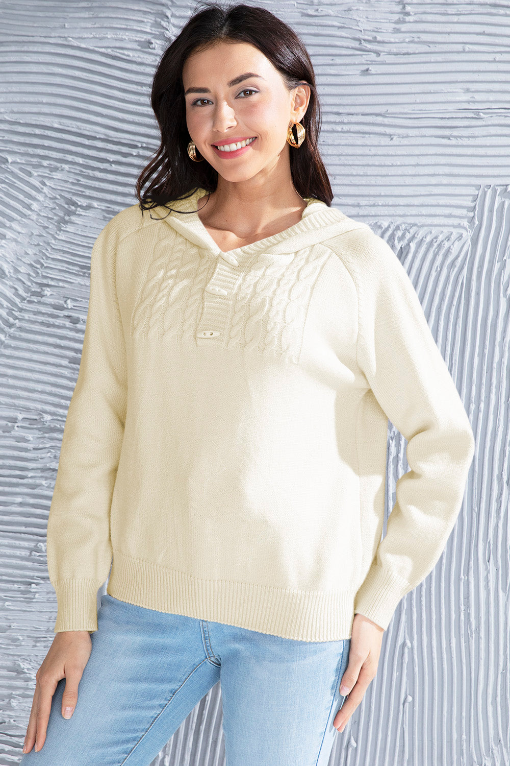 Cable Knit Long Sleeve Hooded Sweater Cream