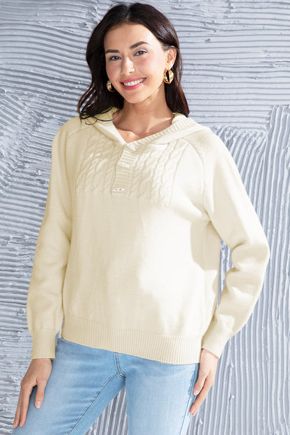 Cable Knit Long Sleeve Hooded Sweater Cream