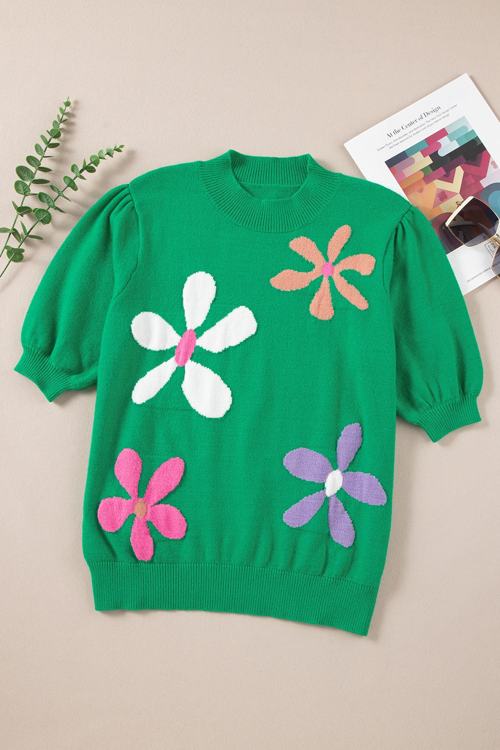 Flower Mock Neck Short Sleeve Sweater Green