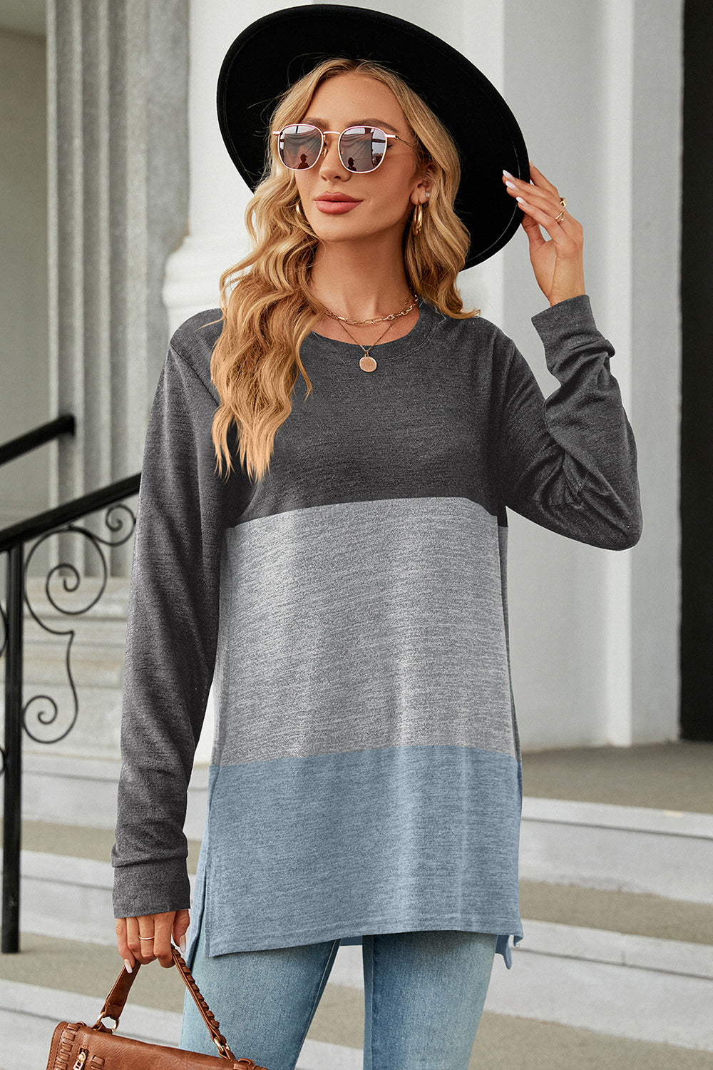 Color Block Round Neck Long Sleeve T-Shirt