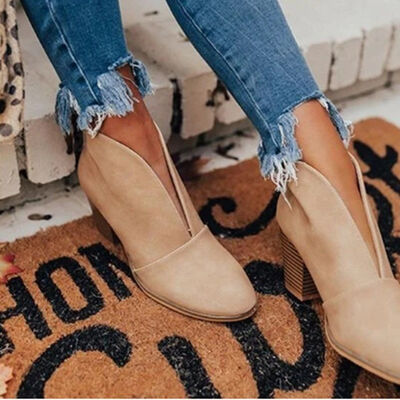 Point Toe Chunky Heeled Ankle Boots Beige