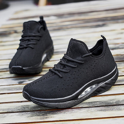 Overseas large women's air-cushion sports shoes, breathable fly-knit sneakers All black