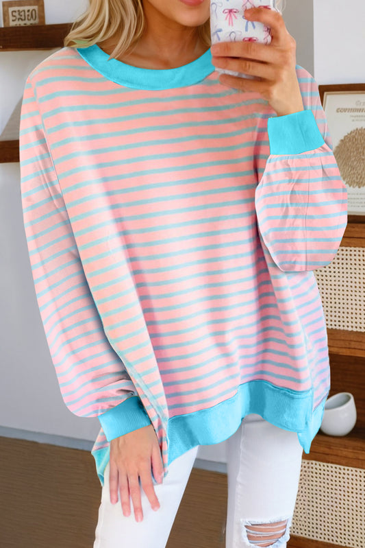 Pink Stripe Contrast Trim High Low Pullover Tunic Sweatshirt Pink Stripe 70%Polyester+25%Cotton+5%Elastane