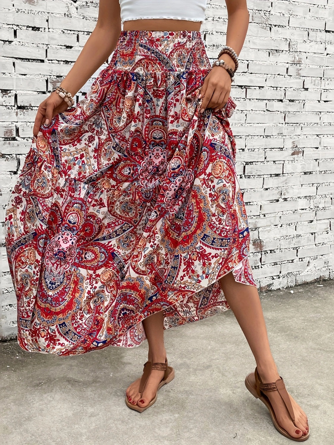 Printed Elastic Waist Maxi Skirt - Thandynie