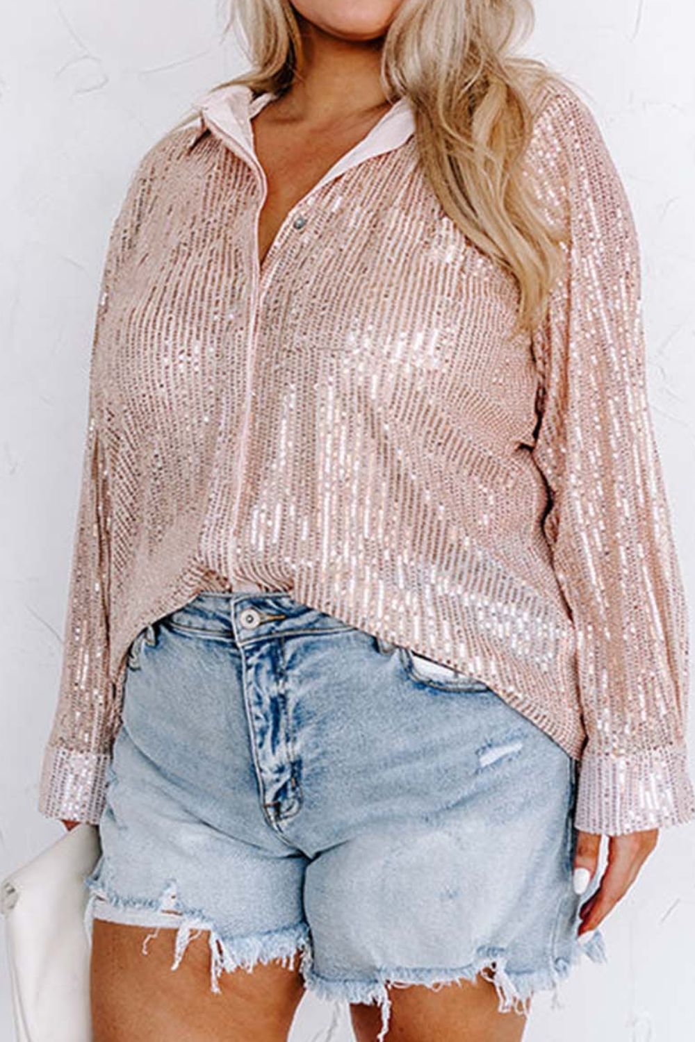 Plus Size Sequin Long Sleeve Shirt Beige