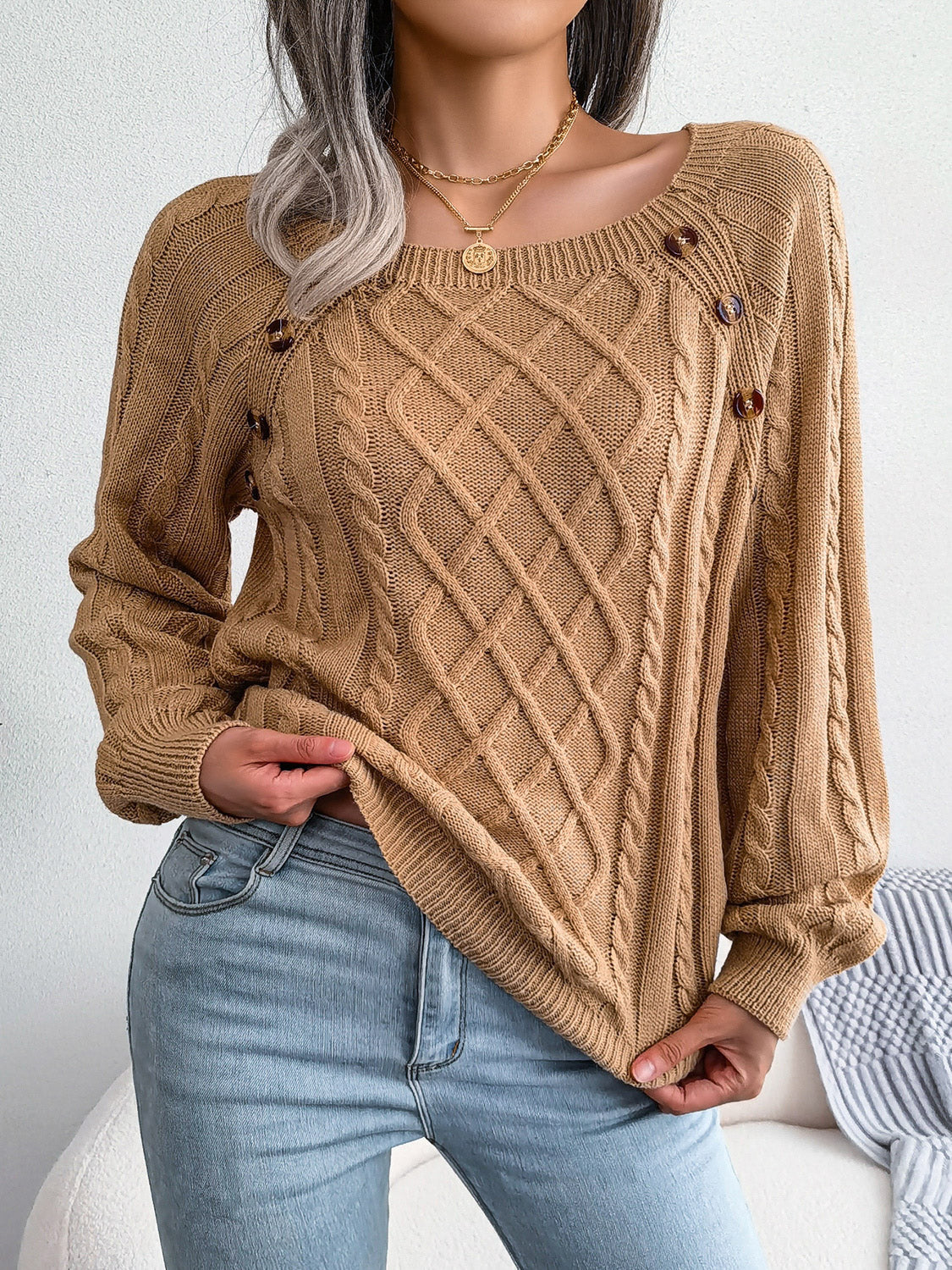 Decorative Button Cable-Knit Sweater Khaki