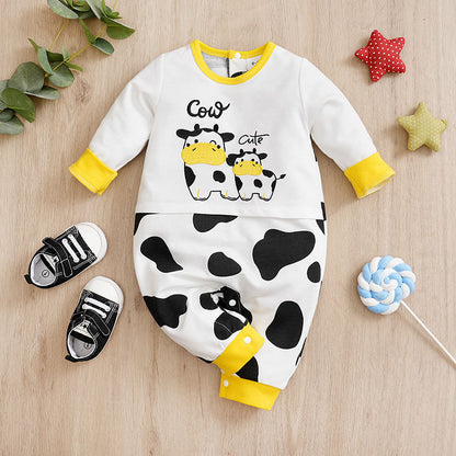 Baby Spring And Autumn One-piece Pajamas Newborn Baby Four Seasons Home Romper New Long Sleeve Inner Pullover Cow 2