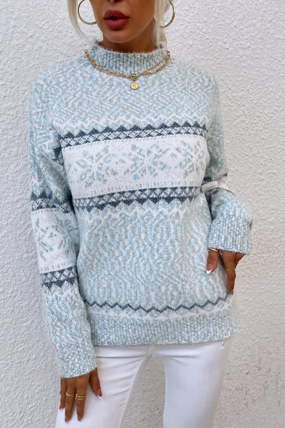 Snowflake Pattern Mock Neck Sweater Pastel Blue