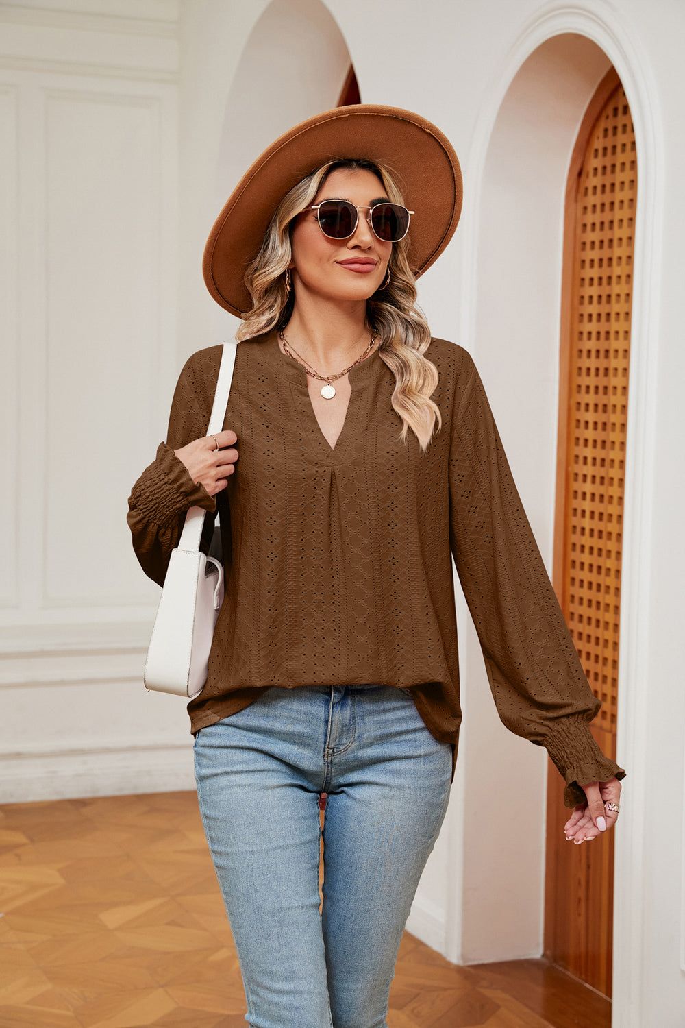 Notched Neck Flounce Sleeve Blouse Chestnut