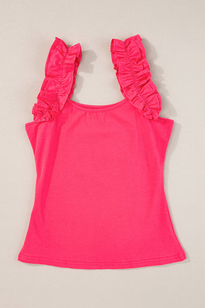 Strawberry Pink Ruffled Wide Straps Slim Tank Top