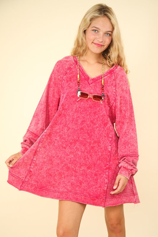 VERY J Mineral Washed Oversized A-Line Mini Dress Magenta