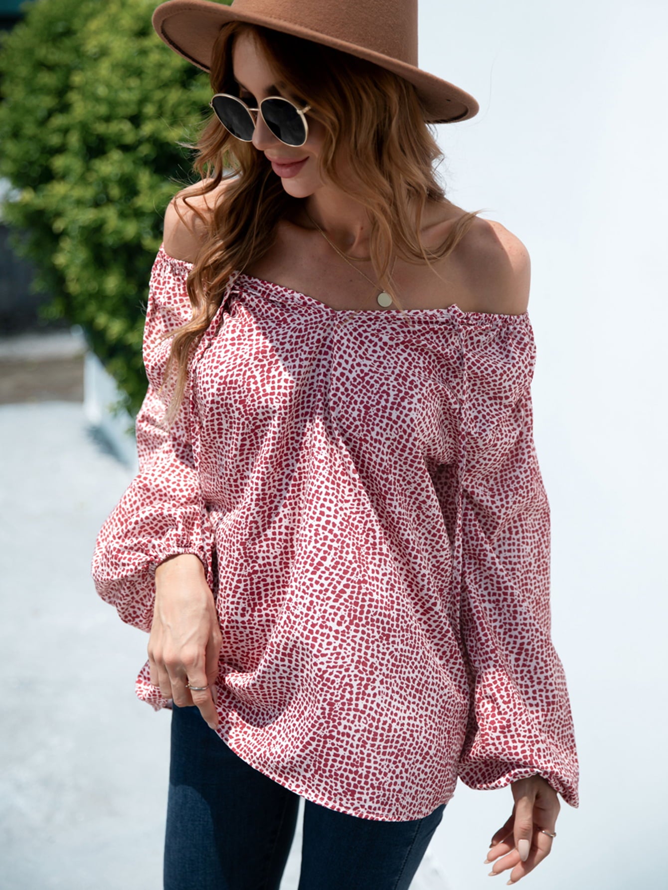 Printed Tie-Neck Balloon Sleeve Blouse Deep Red