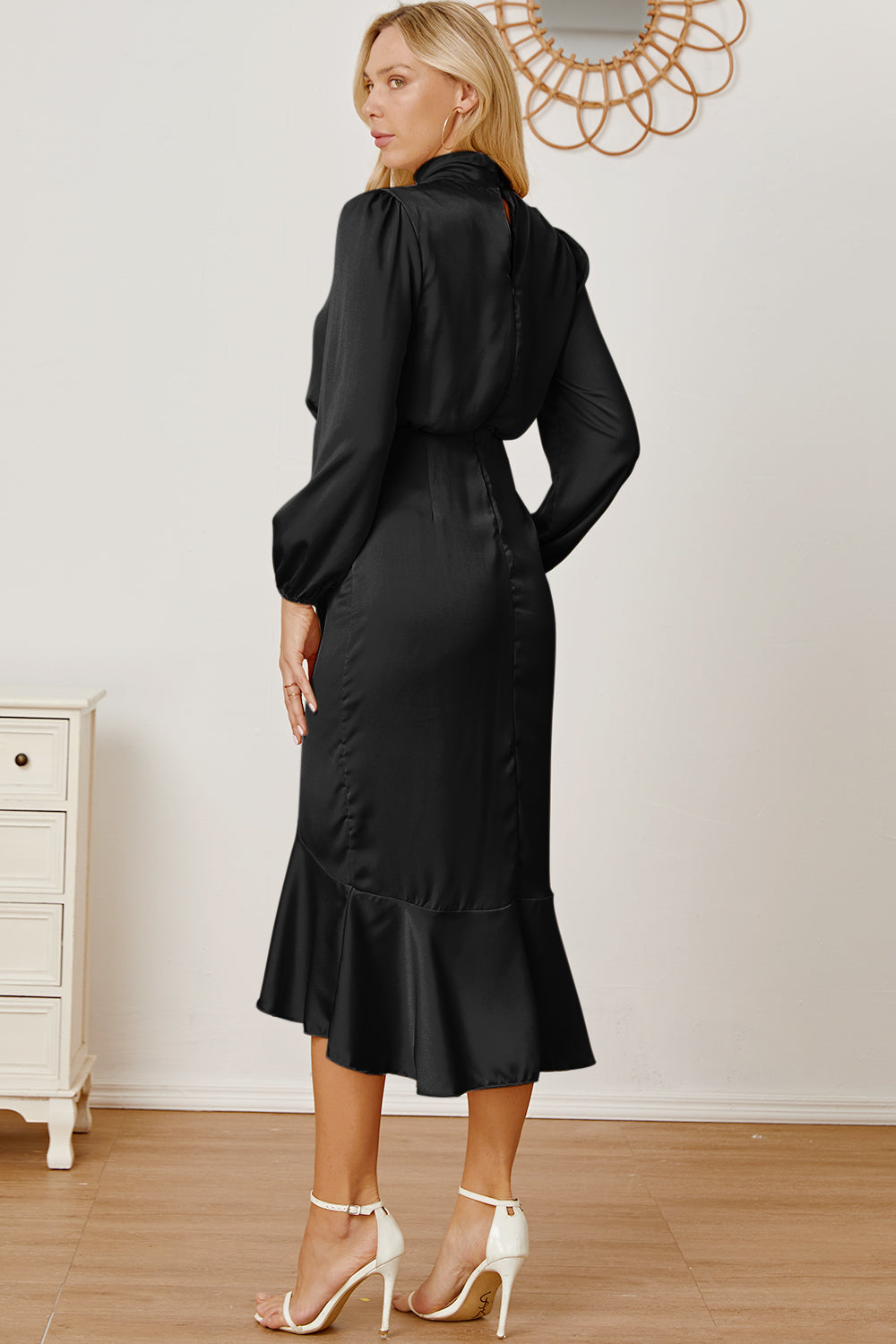 Mock Neck Ruffled Asymmetrical Dress