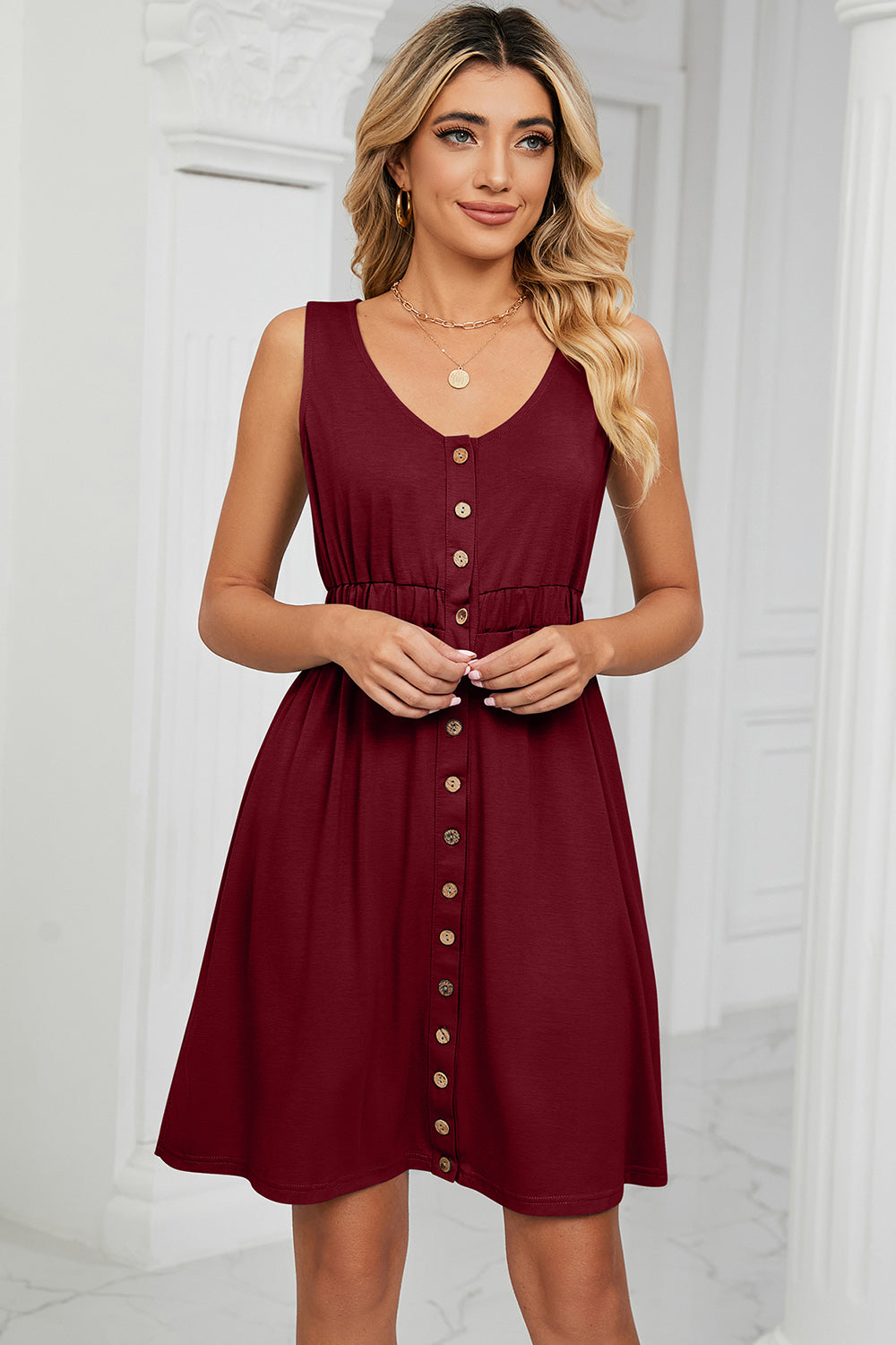 Buttoned Wide Strap Mini Dress Burgundy