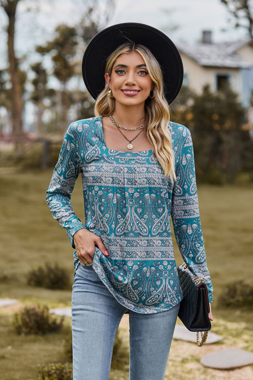 Printed Square Neck Long Sleeve Blouse Turquoise