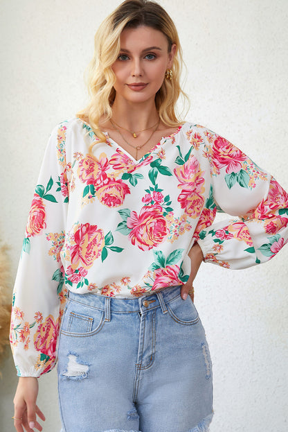 Double Take Floral Notched Neck Long Sleeve Blouse Floral