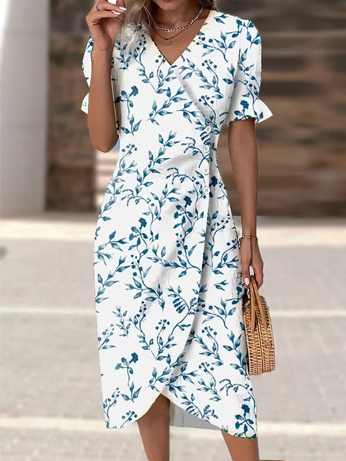 Full Size Printed Surplice Flounce Sleeve Midi Dress White