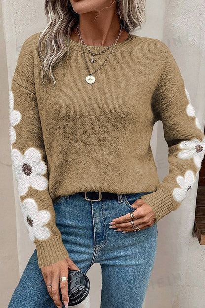 Flower Round Neck Long Sleeve Sweater Camel