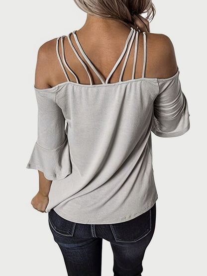 Full Size Cold Shoulder Three-Quarter Sleeve Blouse Light Gray