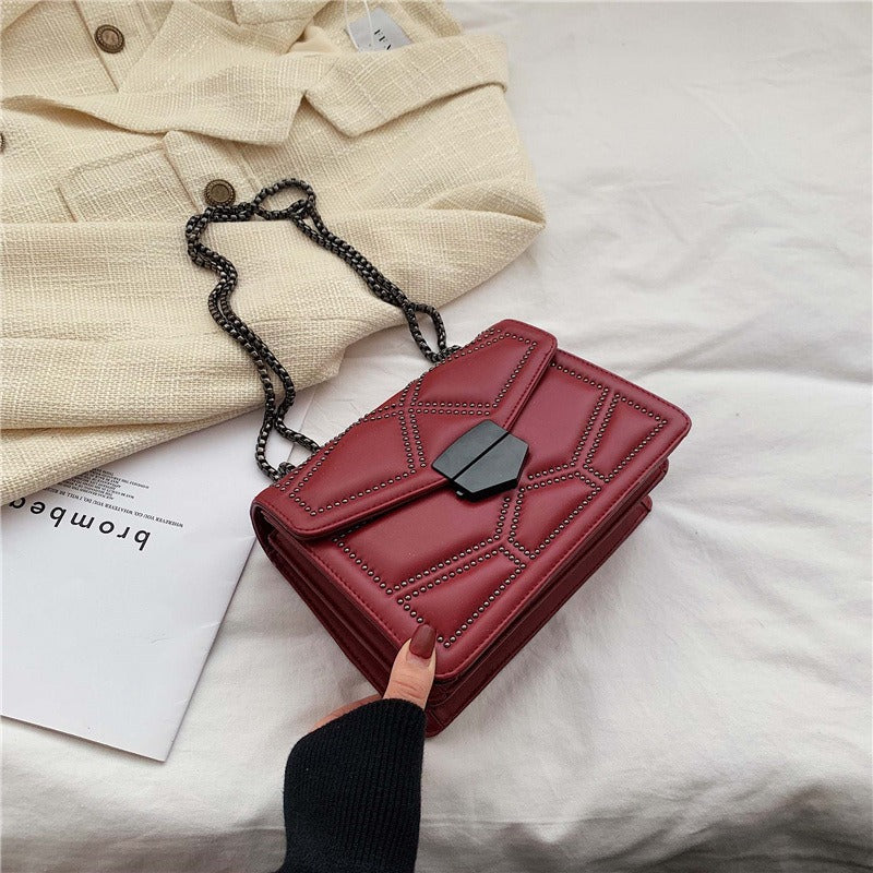 Fashionable Minimalist Crossbody Bag | Rivet Chain Small Square PU Shoulder Bag Wine red