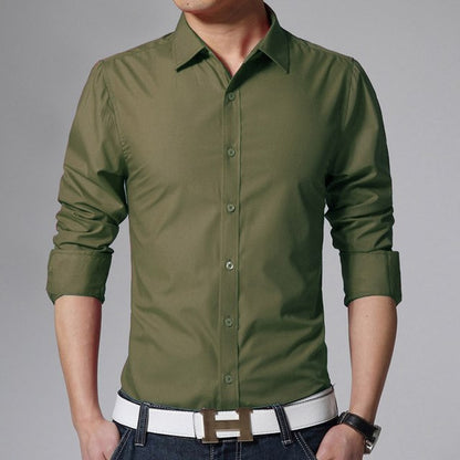 Men's Slim Fit Long Sleeve Shirt | 6 Colors Plain White, Army Green Dress Shirt Army Green