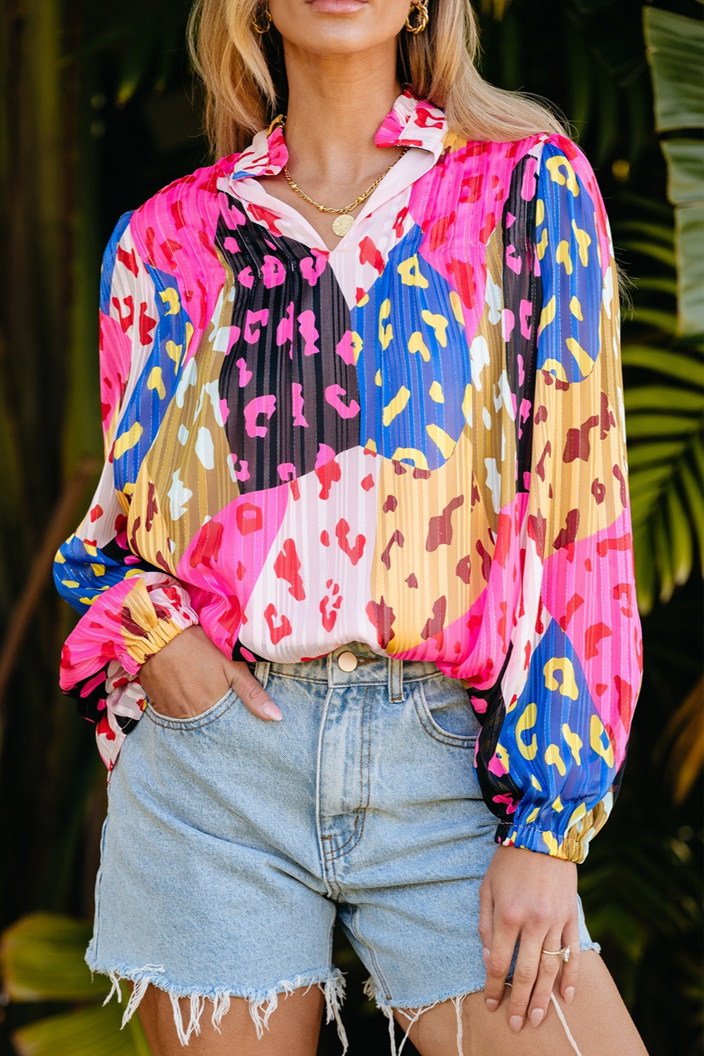 Printed Notched Long Sleeve Blouse Hot Pink