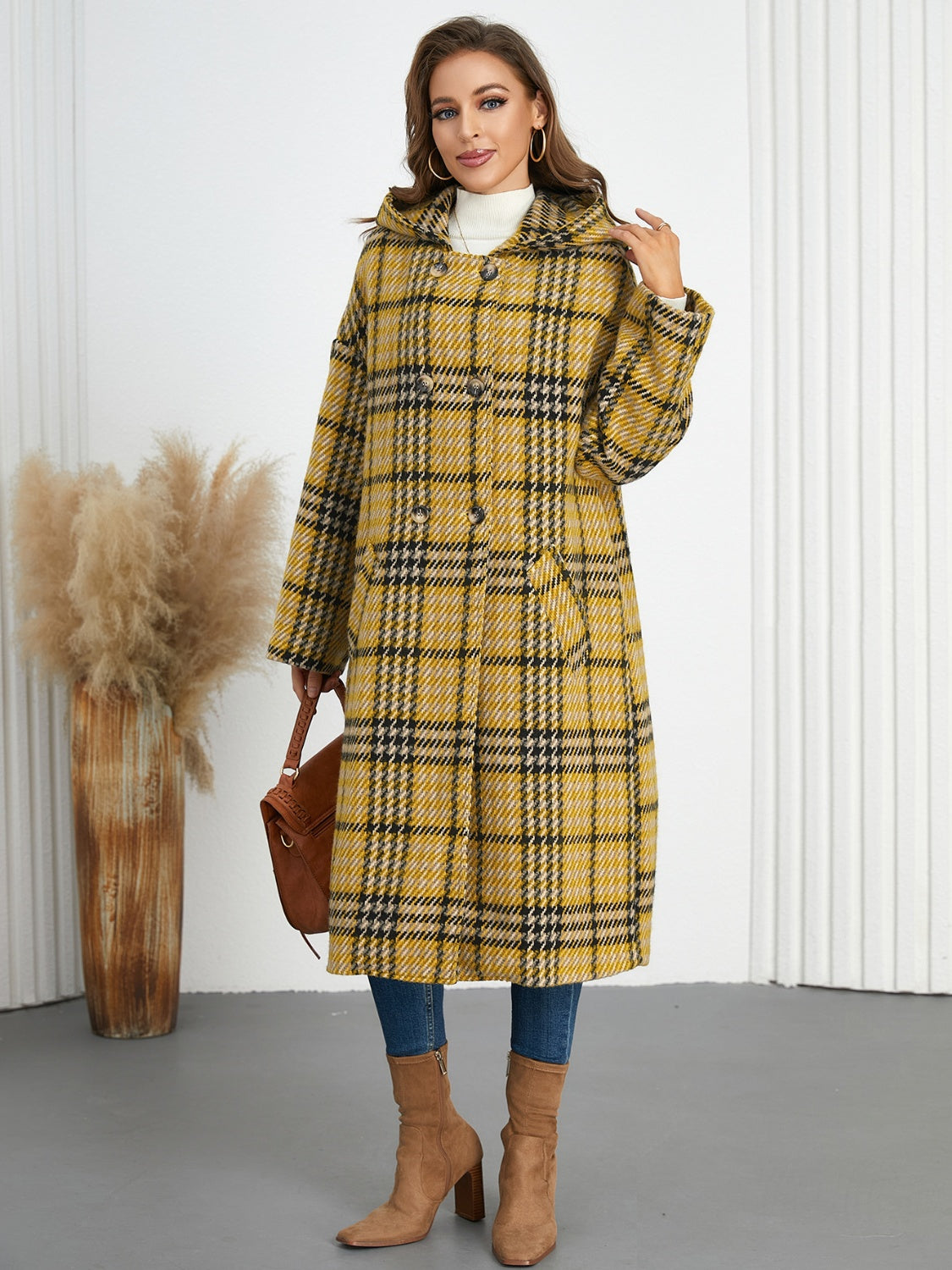 Plaid Double-Breasted Long Sleeve Longline Coat Mustard