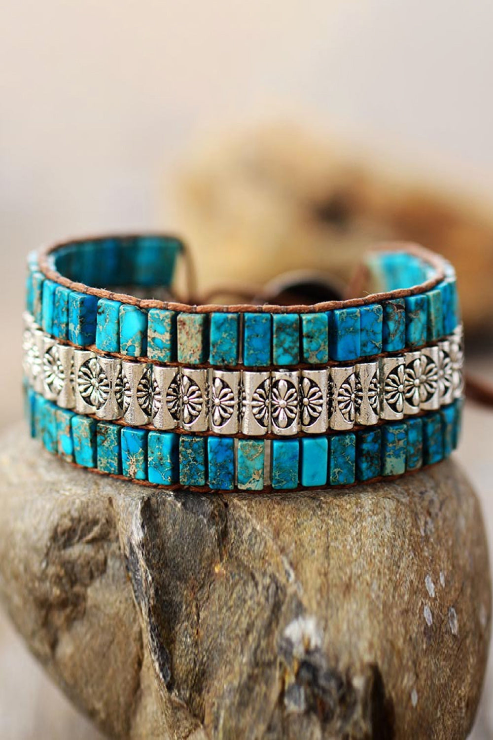 Handmade Triple Layer Natural Stone Bracelet Teal One Size