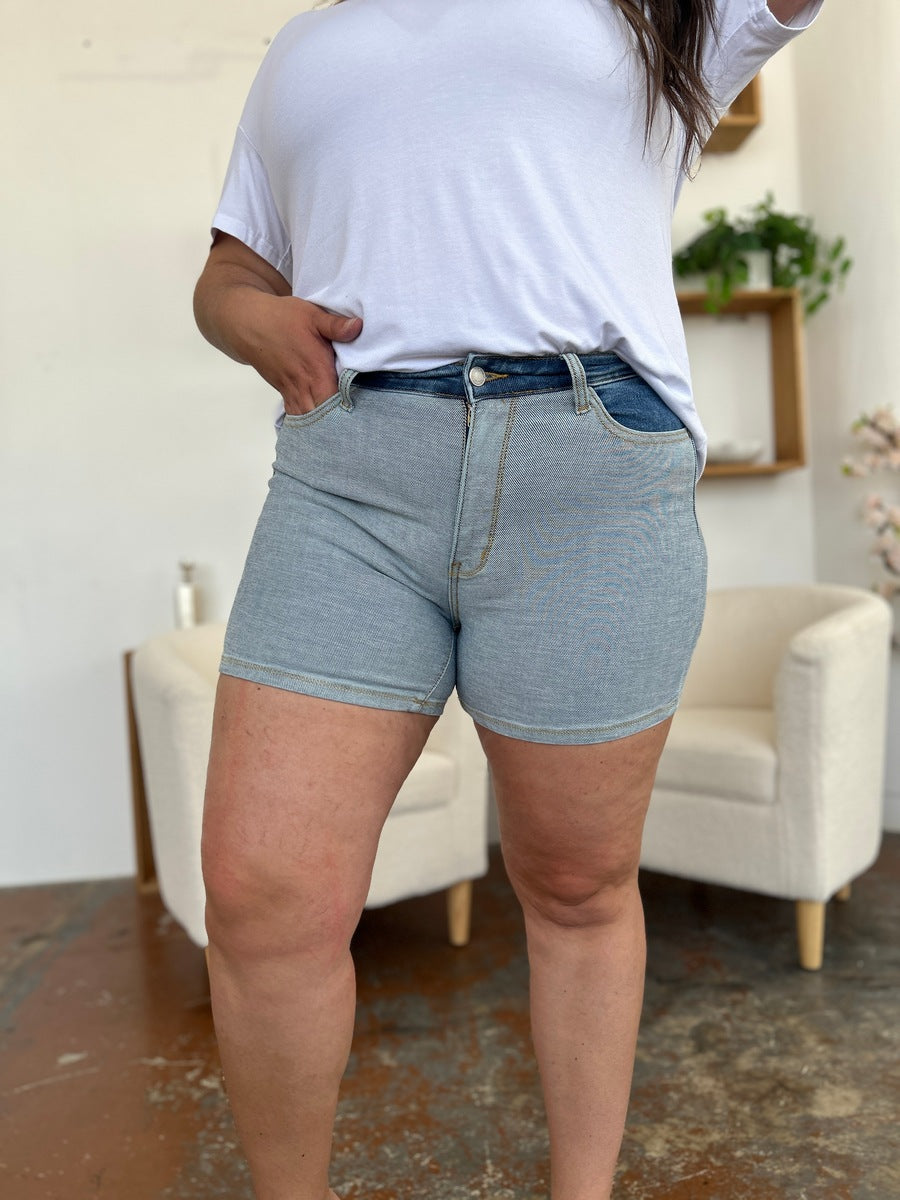 Judy Blue Full Size Color Block Denim Shorts LT MD